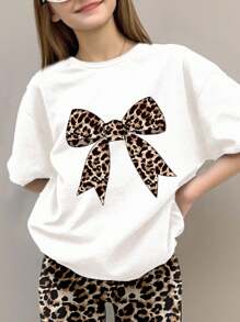 SHEIN 2pcs/Set Tween Girl Casual Leopard Print Bow Design Loose Short Sleeve T-Shirt And Flare Pants Set, Summer