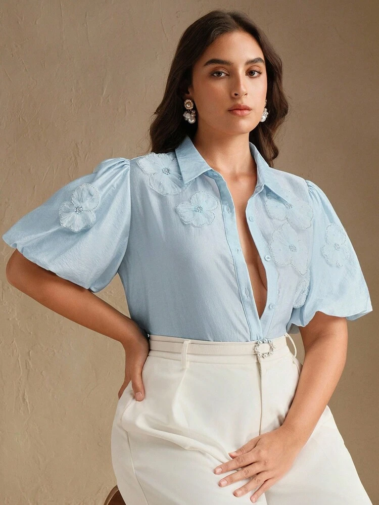 Plus Size Women 3D Floral Asymmetrical Blue Semi-Sheer Lantern Sleeve Blouse