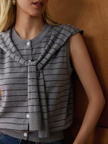 Écloséra French Vintage Women's Faux-Layered Striped Knit Sweater,Grey Autumn 80s Everyday Back-To-School Tie-Button Thin Stripe Casual Commute Pullover - Dark Grey - View 2