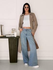 SHEIN Tall 卡其色复古长袖收腰女式风衣,冬季女装,冬季女装外套,除夕,女士夹克,女士,长款女士夹克,冬季女装夹克,优雅夹克,商务女士 - 卡其色 - 查看 4