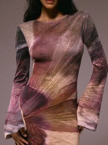 MUSERA Vestido maxi de manga larga ajustado con estampado floral de punto, de malla transparente, para invierno, verano, vacaciones, salida nocturna, cita, boda, fiesta, elegante, Ibiza, ocasión, femenino, lindo, chic - Multicolor - Ver 2