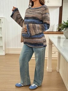 SHEIN 孕妇条纹圆领长袖休闲百搭毛衣 - 彩色 - 查看 4
