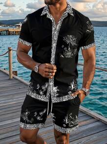 Manfinity RSRT 2pcs/Set Men's Casual Short Sleeve Shirt And Drawstring Shorts Set - Multicolor - View 1