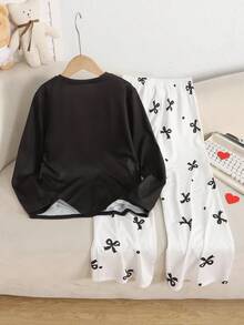SHEIN 青少年女孩休闲蝴蝶装饰简约圆领长袖家居服套装 - 黑色 - 查看 5