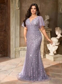 Aureia Plus Size Elegant And Gorgeous Lotus Pink 3D Three-Dimensional Flower Beads Embroidery Custom Mesh Puff Sleeves Deep V-Neck Slim Fishtail Hem With Train Suitable For Dinner Bachelorette Party Dance Vacation Graduation Season Homecoming Back To School  Wedding Event Evening Dress (Heavy Work Model) Formal Dresses For Wedding Guest