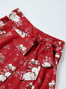 Franclia Women's Floral Print Side Knot Waist Elegant Skirt, For Vacation - Red - View 5