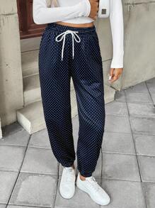 EMERY ROSE 女士时尚休闲波尔卡圆点印花宽松高腰抽绳松紧腰运动裤 - 藏蓝色 - 查看 1