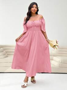Solflare Váy dài tay ngắn màu hồng cỡ lớn, mùa xuân/hè - Hồng - Xem 4