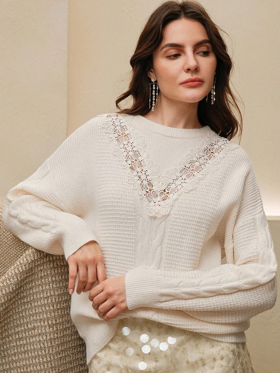 Anewsta 宽松圆领长袖拼布镂空精致时尚设计女式毛衣 - 杏色 - 查看 1