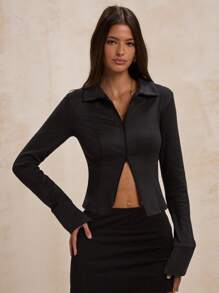 SHEIN BAE Women's Autumn Simple Casual Solid Color Zipper Long Sleeve Black Jacket,Chic Elegant Slim Fit Out Wear,Winter Night Out Fashion Jacket - Black - View 7