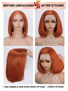 Orange #350 Bob Wig 100% Human Hair 13x4 Transparent Lace Front 180% Density Straight Pre Plucked Natural Hairline Install For Women - S350 - View 9