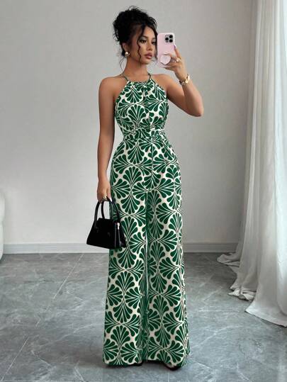 Elenzga Women's Printed Fabric Cinched Waist Jumpsuit, Elegant For Vacation And Everyday Wear