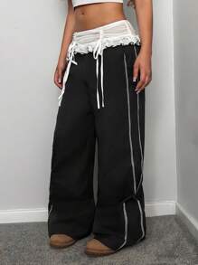 StreetHx Pantalones casuales de mujer con ribete de encaje y contraste de color, otoño/invierno