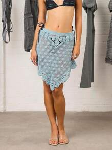 COUREZ 钩针编织中长裙 / Y2K 度假风秋季女装 秋季外出穿搭 可爱性感 - 淺藍色 - 查看 3