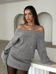 Aloruh Women's Sexy & Elegant Off Shoulder Long Sleeve Mini Dress ,Off The Shoulder Dress ,Off Shoulder Sweater Dress,Fall Dresses For Women, - Grey - View 6
