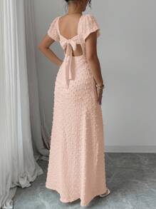 Rafferiza Solid Color Backless Bowknot With Lotus Sleeve High Slit Slim Elegant Spring/Summer Vacation Date Long Dress Summer Dress