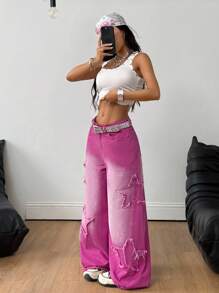 Coolane 女款饶舌歌手运动休闲垃圾摇滚星形图案水洗牛仔裤