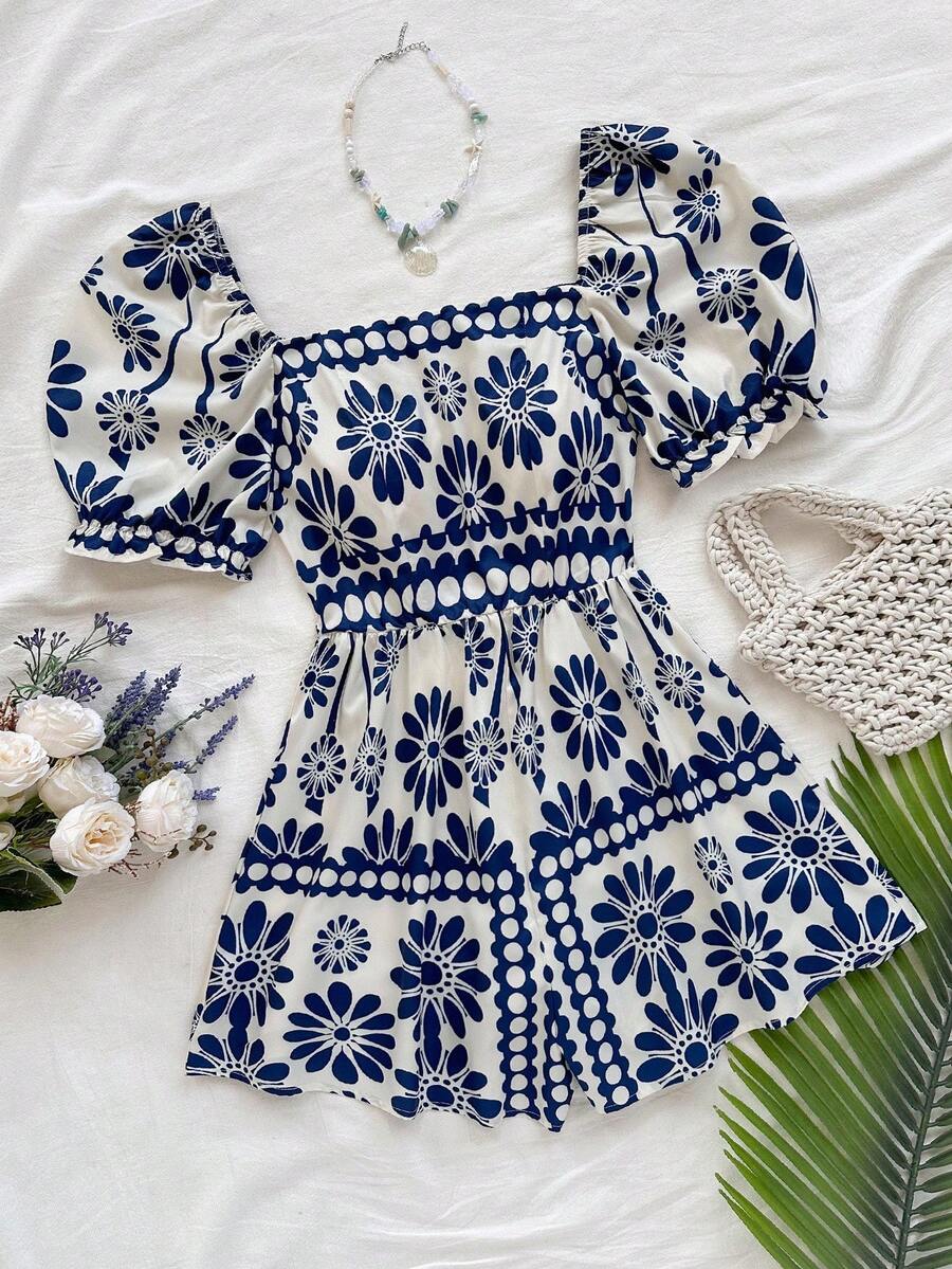 Soleia Women's Green & White Retro Printed Square Neck Puff Sleeve Cinched Waist Wide Leg Jumpsuit, Vacation Blue And White Floral Playsuit - Blue and White - View 1