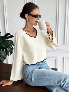 Serisse Women's French Casual Contrasting Color Trim V-Neck Long Sleeves Casual Versatile Knitted Top Fall Tops Flare Sleeve Cropped Sweater ,Knitted Sweater ,Suitable For Daily Commuting. Autumn Layering, Autumn And Winter New Arrivals,For Everyday Wear And Layering Back To School, Fall Women ,Cute Tops,Going Out Tops Women,Old Money Women ,Business Casual Women,All-Season,Christmas Sweater,Thanksgiving For Women , Winter Casual - Multicolor - View 3