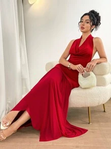 Modelyn 女士纯色低胸无袖露背优雅长裙 - 酒紅色 - 查看 3