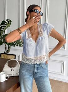 Serisse Áo cánh hở lưng cổ chữ V phối ren kẻ sọc dành cho nữ - Màu xanh lam - Xem 4