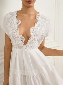 GENKIRA Đầm không tay xẻ tà xếp tầng đính nút eo thanh lịch, kiểu dáng nghỉ dưỡng, màu trơn, thiết kế cao cấp, eo chữ V sâu, viền ô cho nữ - trắng - Xem 6