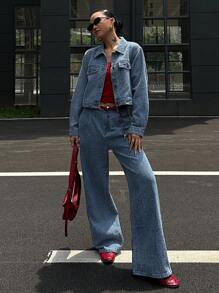 DAZY Women's Casual Textured Denim Jacket And Wide Leg Jeans Set, Autumn,Fall Women Clothes - Blue - View 8