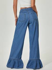 SHEIN PETITE Quần Jeans Denim Xanh Đơn Giản Thường Ngày Cho Nữ - Rửa nhẹ - Xem 2