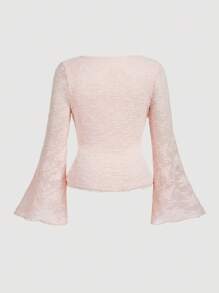 SHEIN MOD Áo thun cổ vuông tay loe nhún bèo màu hồng nhạt cỡ lớn dành cho nữ - Màu Hồng baby - Xem 2
