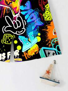 Tween Boy Casual Minimalist Letter & Cartoon Print Swim Trunks, Suitable For Summer