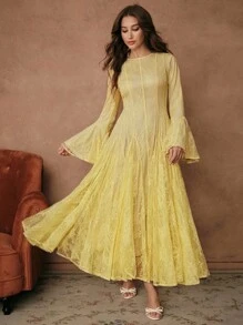SHEIN Unity 优雅圆领蕾丝拼布修身女式连衣裙 - Butter Yellow - 查看 3