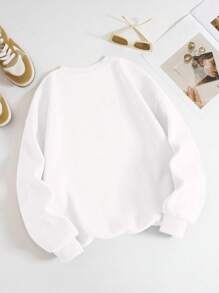 SHEIN EZwear 加大码万圣节卫衣，加大码街头风套头衫，纯白色，印花长袖卫衣，可爱秋冬上衣，度假风秋季单品 - 白色 - 查看 2