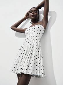 SHEIN LUNE Fashionable Sexy Fitted Wavy Flared Hem Strapless Polka Dot Dress For Women Summer Dress Looks Of Party Clothes For University - Black and White - View 7