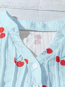 SHEIN Clasi Women's Cherry Print Ruffle Collar H-Shaped Casual Daily Vacation Cap Sleeve Blouse - Blue - View 4