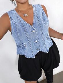 SHEIN ICON 大码牛仔无袖背心，休闲修身，蓝色 - 淺色水洗藍 - 查看 3