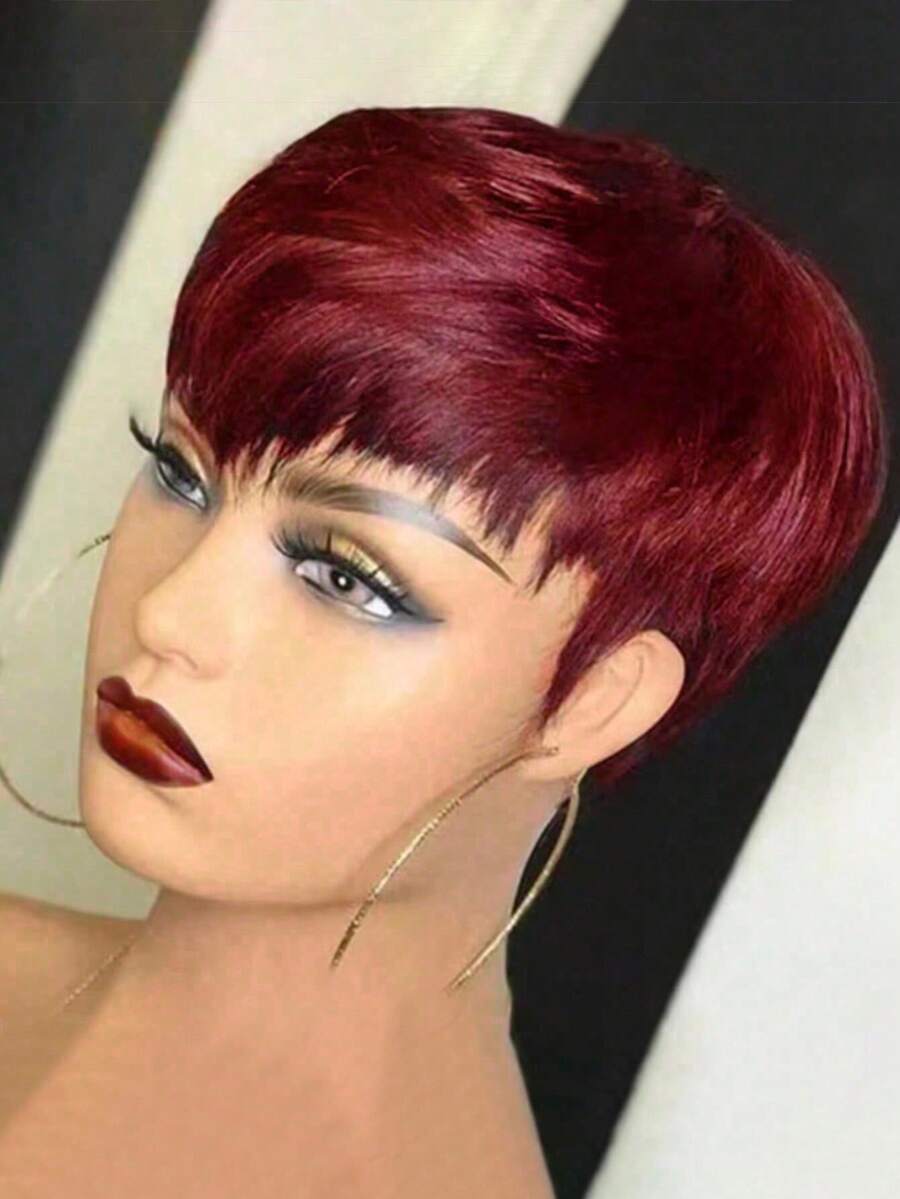 6 Zoll kurze Pixie Schnitt Perücke ohne Kleber mit Pony für Frauen, natürliches glattes Echthaar