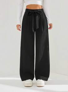 SHEIN PETITE 纯色高腰系带阔腿裤