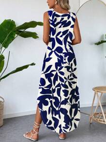 EMERY ROSE Plus Size Leaf Print Sleeveless Curved Hem Graphic Print Dress, Suitable For Spring/Summer,Holiday Outfits For Women - Multicolor - View 2