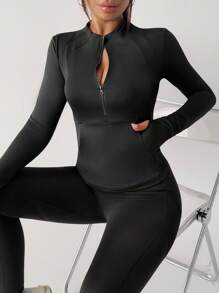 DAZY Damen Sportjacke mit hohem Kragen, halber Reißverschluss, Taschen und enganliegender Passform