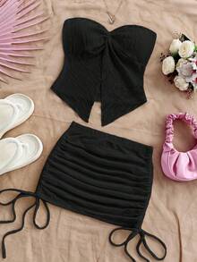 Soleia 女士度假沙滩扭结抹胸上衣和抽绳腰半裙两件套 - 黑色 - 查看 4