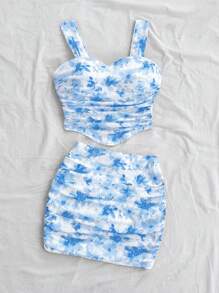 SHEIN Tween Girl Casual Floral Print Asymmetrical Hem Tank Top And Skirt Set, Comfortable & Minimalist