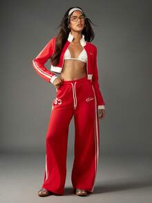 Missguided x Playboy 圣诞节阔腿运动裤，侧边条纹，高腰抽绳家居服，复古运动裤，街头风长裤，秋冬休闲装 - 紅色 - 查看 3