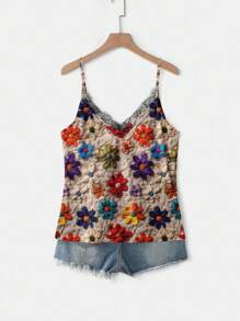 EMERY ROSE Plus Size Women Floral Print Lace Collar V-Neck Camisole And Tank Top, Casual & Holiday Woman S Summer Clothes Flower Tank Top Boho Tank Top Women Suitable For Going Out,Spring/Vacation - Multicolor - View 7