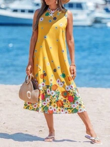 Sylviya 夏季背心裙长裙黄色花朵印花波西米亚假日连衣裙 - 黃色 - 查看 4