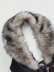 ROMWE Hippie Y2K Detachable Faux Fur Collar Denim Jacket For Women - Black - View 2