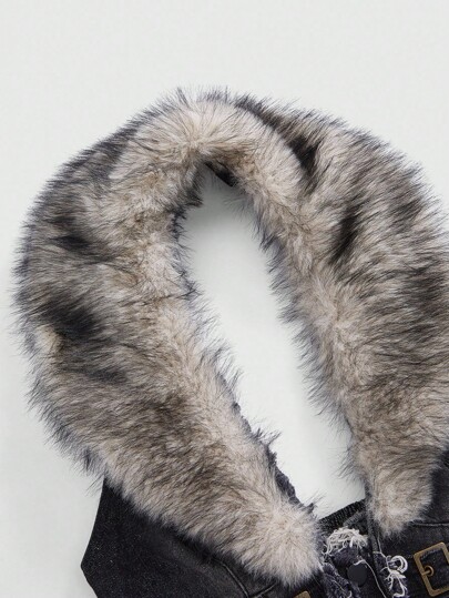 Hippie Y2K Detachable Faux Fur Collar Denim Jacket For Women