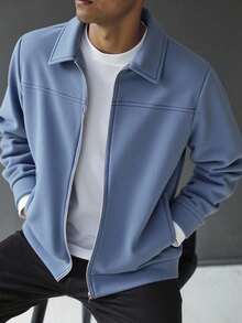 SHEIN Teen Boys' Casual Comfortable Versatile Solid Color Collar Jacket, Suitable For Autumn And Winter Fall - Blue - View 1