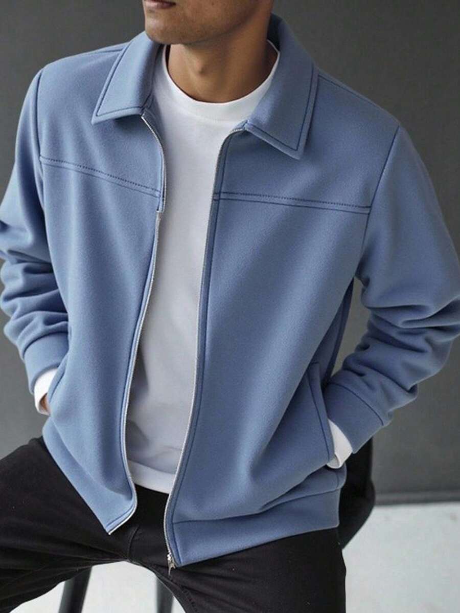 SHEIN Teen Boys' Casual Comfortable Versatile Solid Color Collar Jacket, Suitable For Autumn And Winter Fall - Blue - View 1