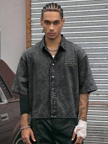 AXEPEAK 翻领短袖宽松短款印花男士衬衫 - 黑色 - 查看 4