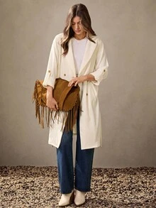 Wildy 秋季乡村时尚女式冬季外套 女士纯色腰带系带优雅长袖风衣 商务休闲女士白色西装 米色女士商务休闲西部风 女士西部米色长款风衣 女士时尚秋季 - 米色 - 查看 3
